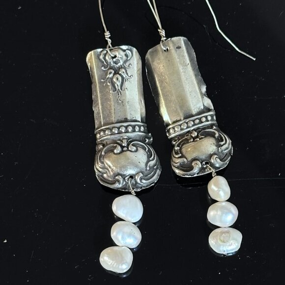 Natural Pearl Gemstone Sterling Silver 925 Earrings Handmade Victorian Spoon - Picture 7 of 7